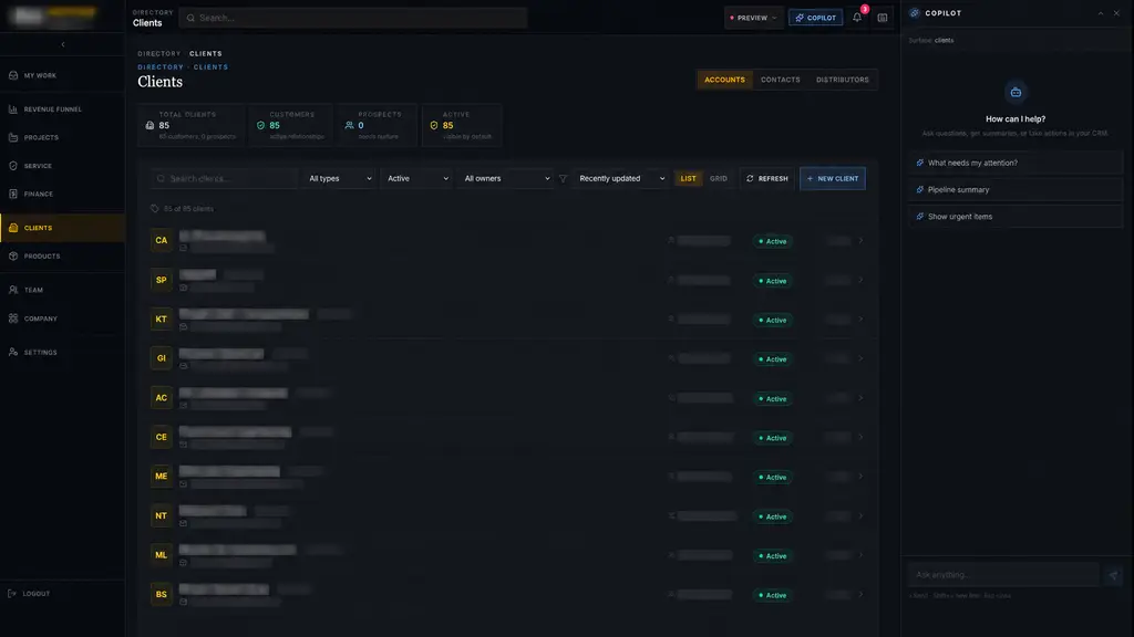 Industrial operations client directory connecting accounts, contacts, ownership, relationship state, and customer history