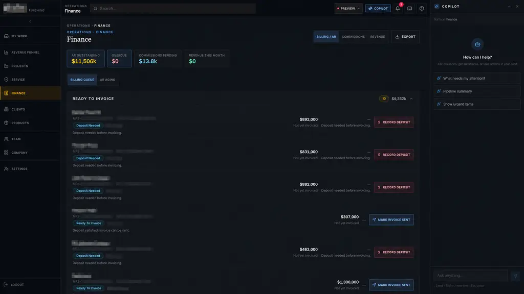 Industrial operations finance workspace connecting deposits, invoice readiness, accounts receivable, commissions, and revenue
