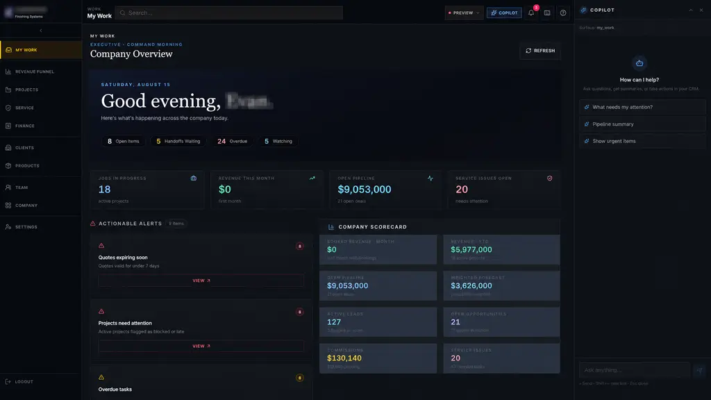 Industrial operations dashboard showing personal queues, operational alerts, company scorecards, and contextual AI