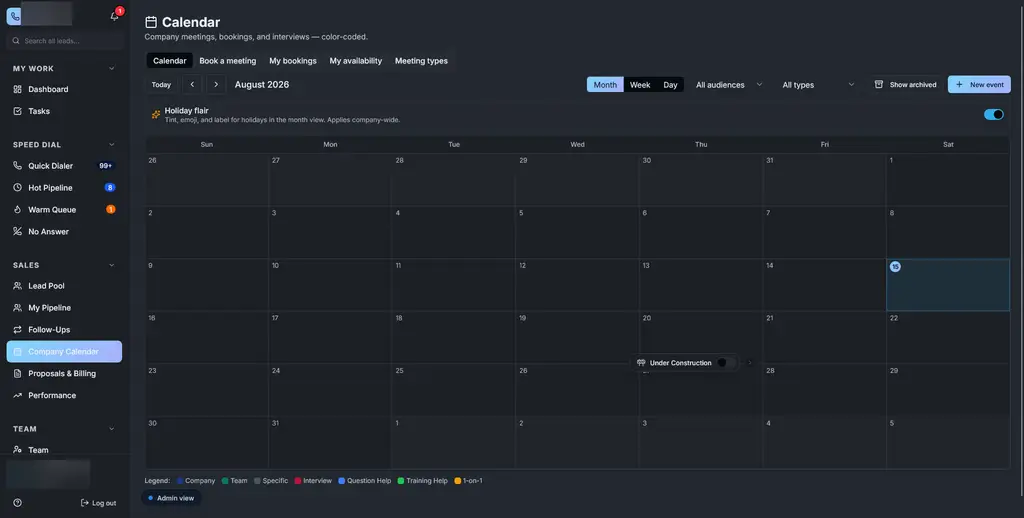 Rep Hub calendar showing the shared schedule and meeting workflow