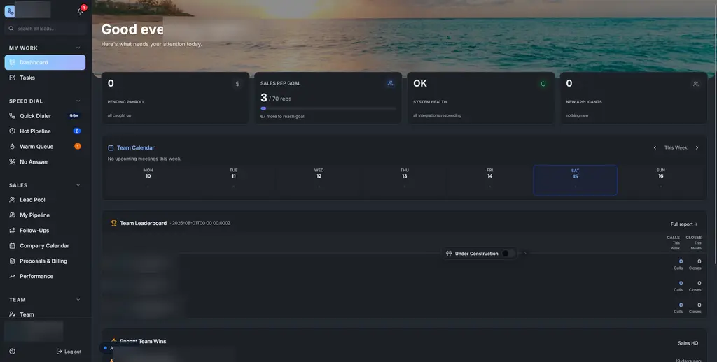 Rep Hub dashboard preview showing the connected sales operating system