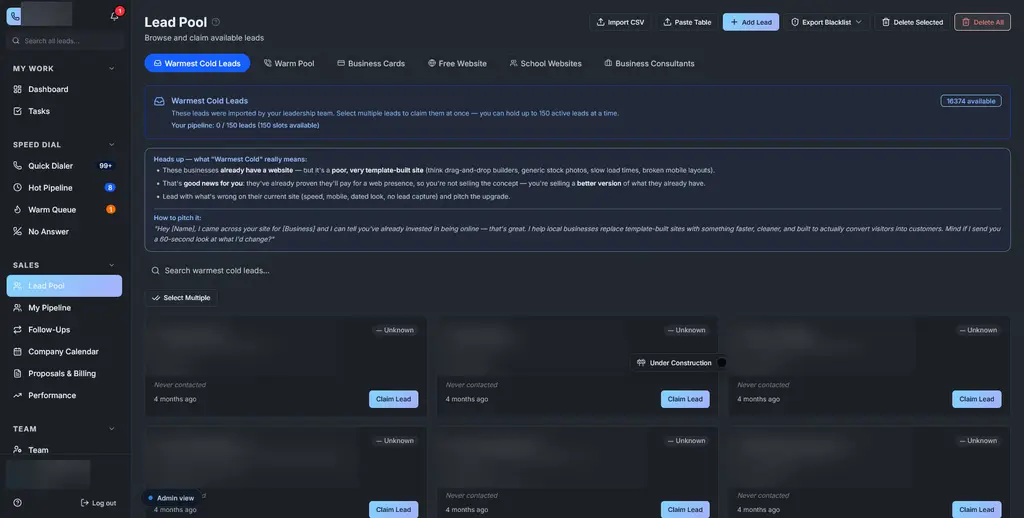 Rep Hub lead pool for assignment, prioritization, and sales action