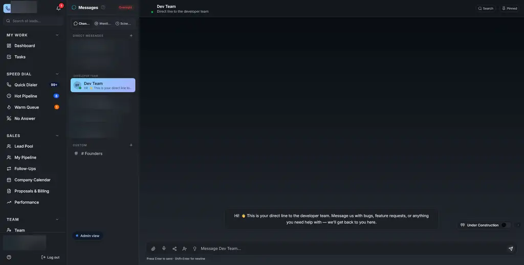 Rep Hub messaging workspace for conversations across the sales organization