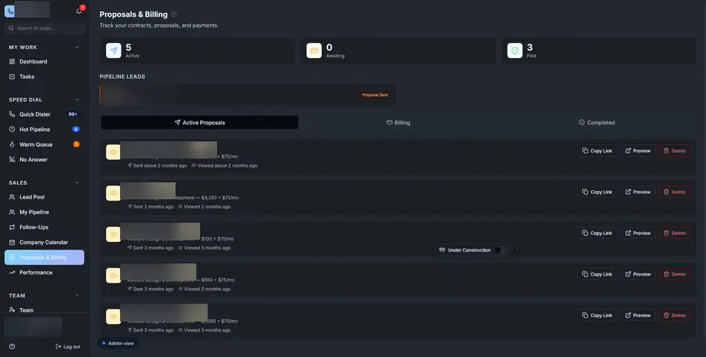 Rep Hub proposals and billing workspace for commercial handoffs
