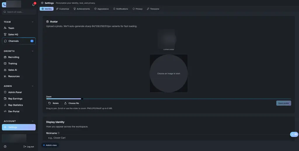 Rep Hub settings workspace for personal and operational preferences